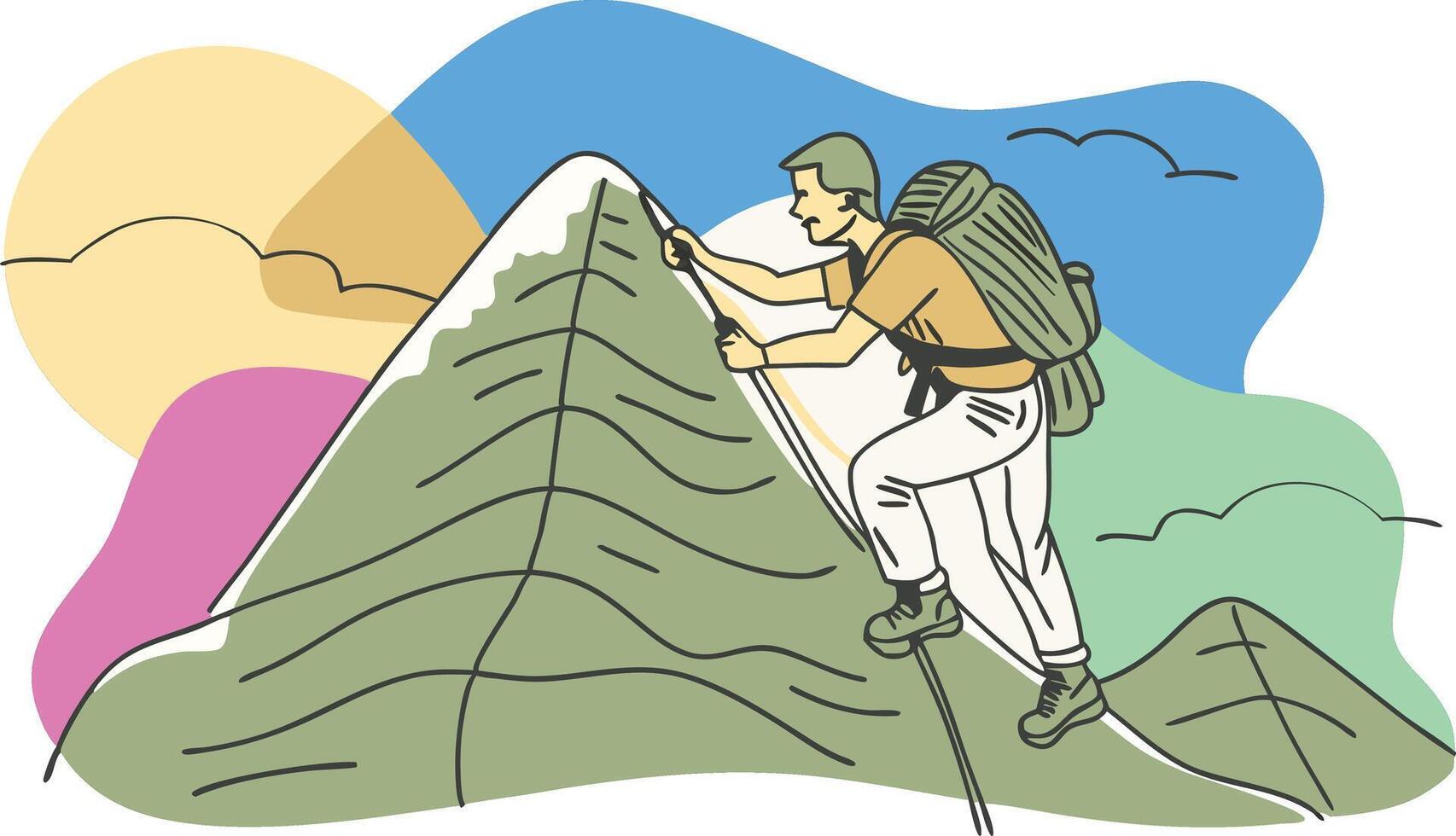 A man with a backpack is climbing a mountain vector
