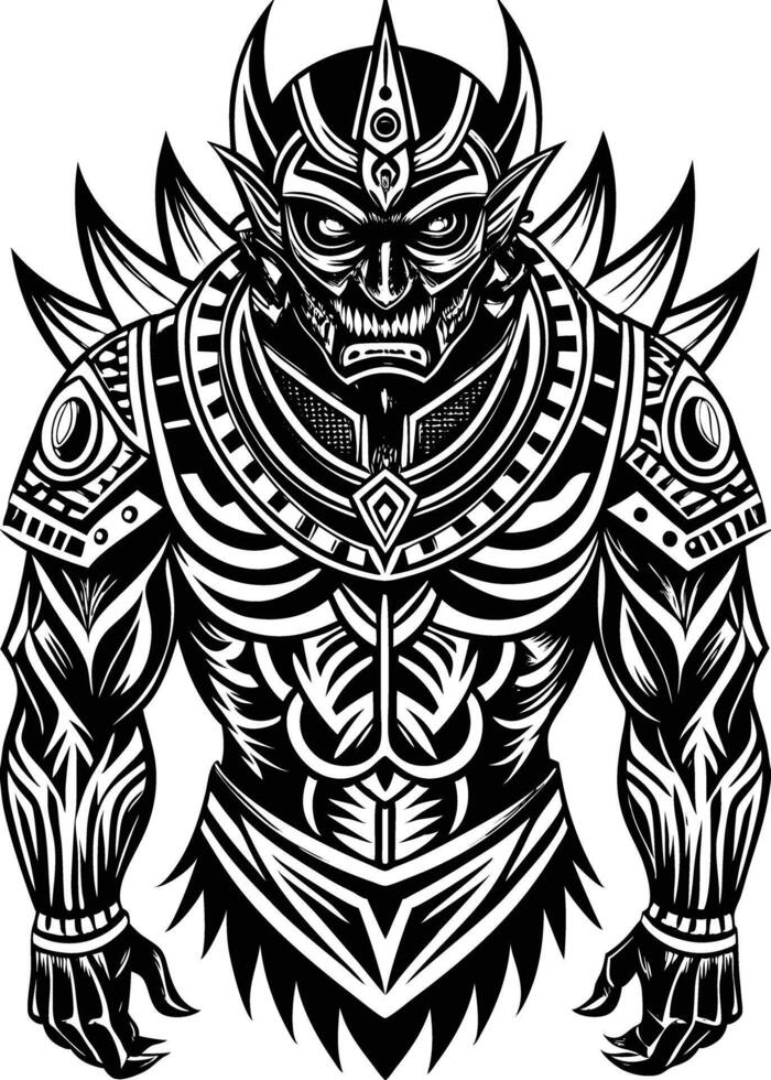 Tribal tattoo design of a warrior with horns and armor vector