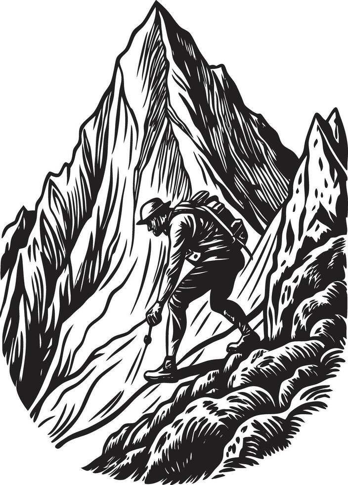 A man hiking up a mountain in a woodcut style vector