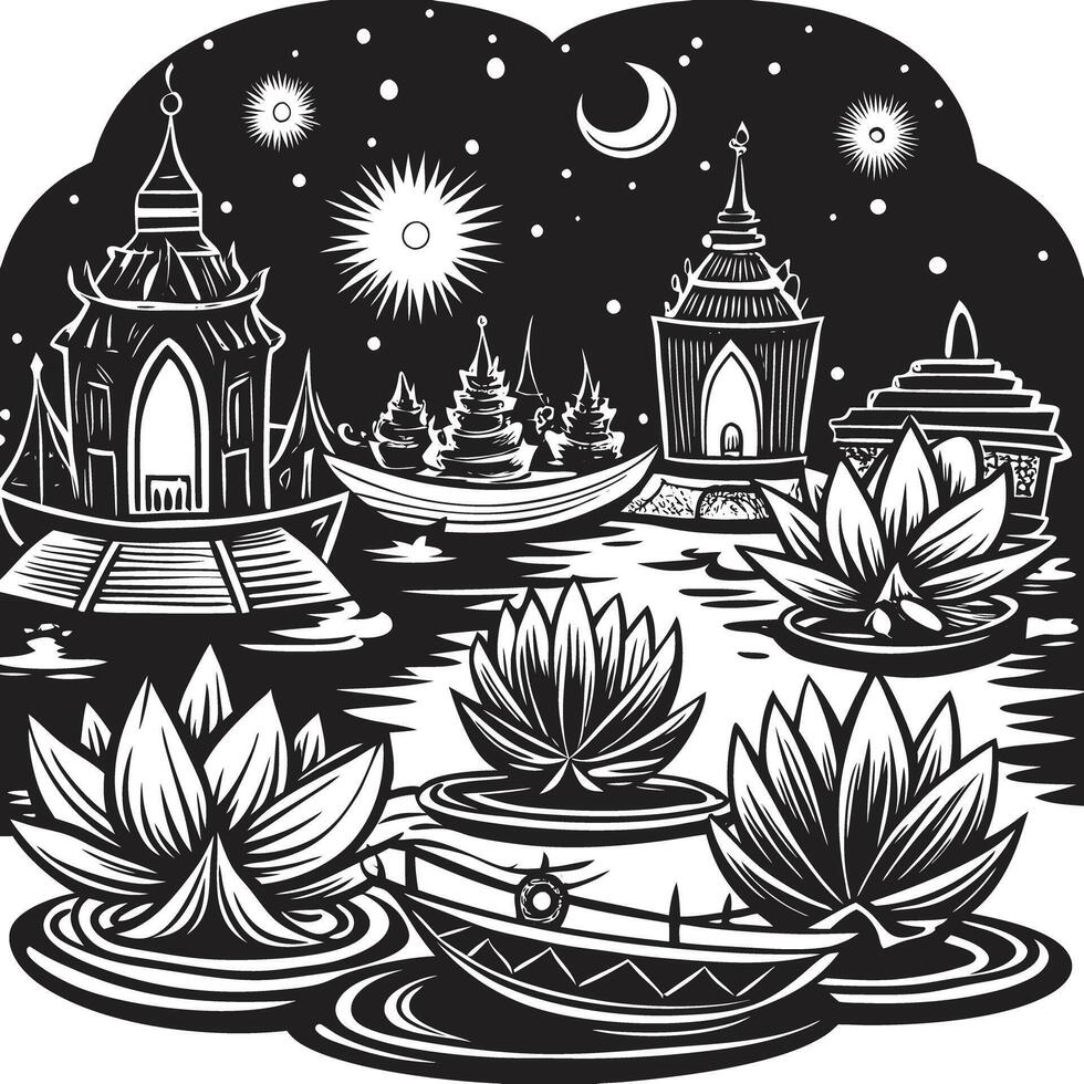 A black and white illustration of a temple and lotus flowers vector