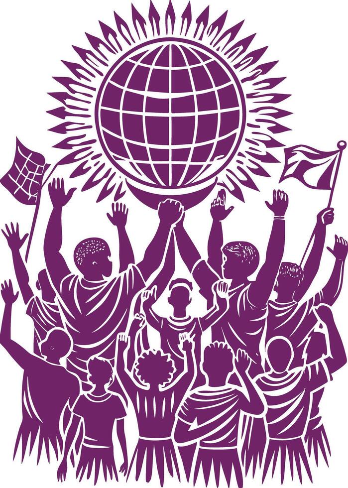 A group of people holding up a globe vector