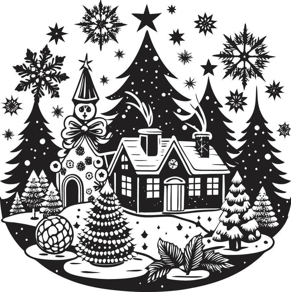 Christmas house in the forest with snowflakes and trees vector