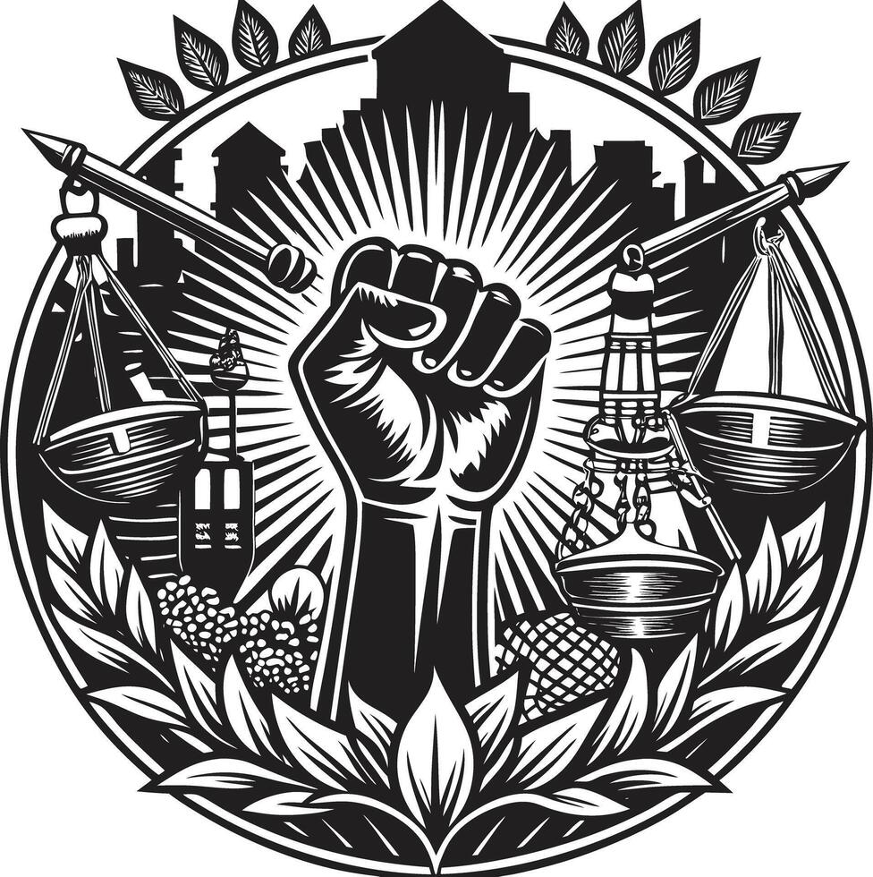 A black and white logo with a fist holding scales of justice vector