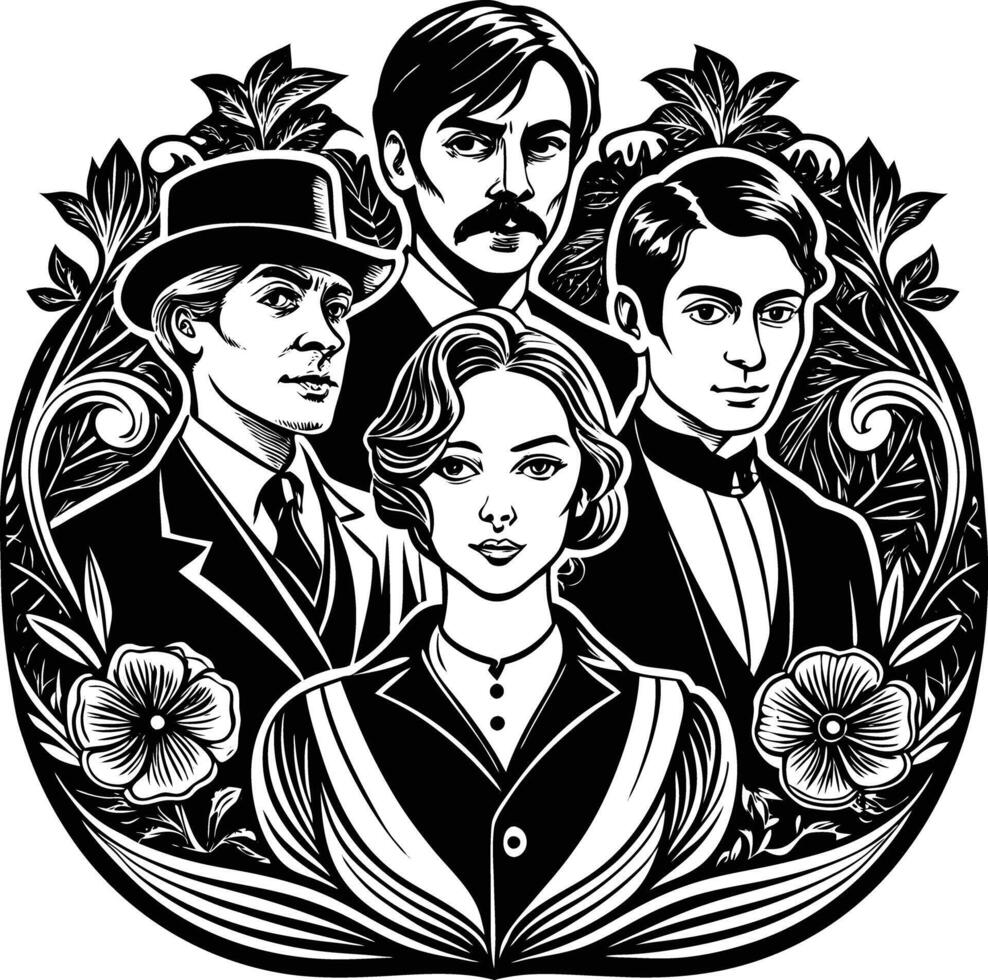 The three men and a woman in a black and white illustration vector