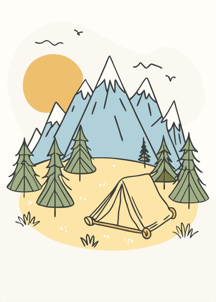 A tent and trees in the mountains vector