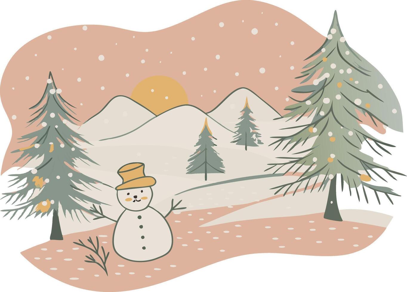 A snowman in the snow with pine trees and mountains vector
