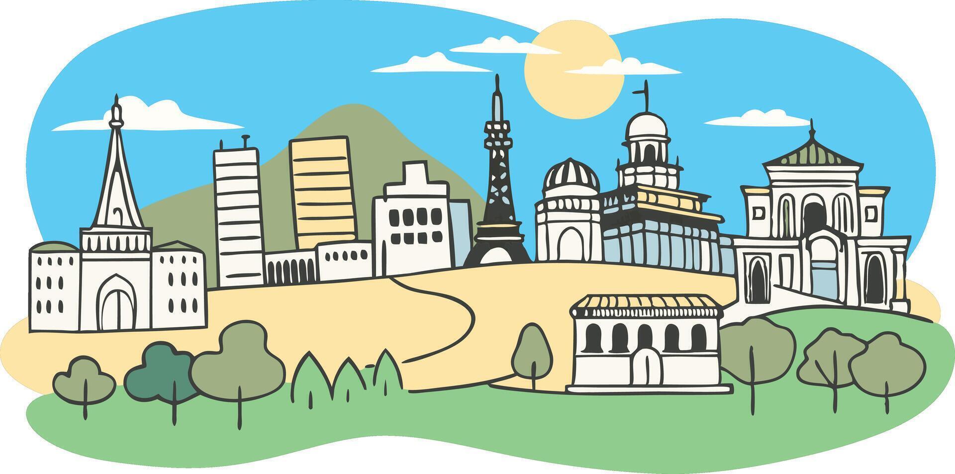 A cartoon illustration of a city with buildings vector