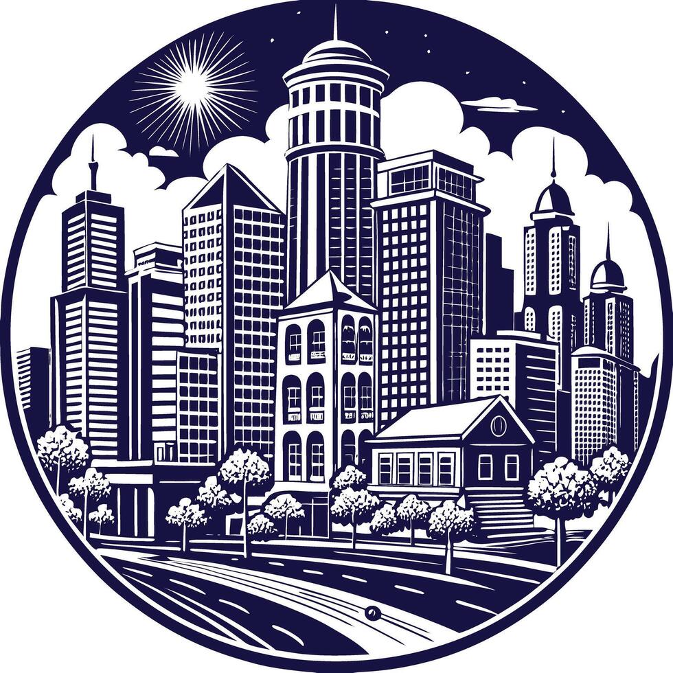 A cityscape with buildings and trees in the background vector