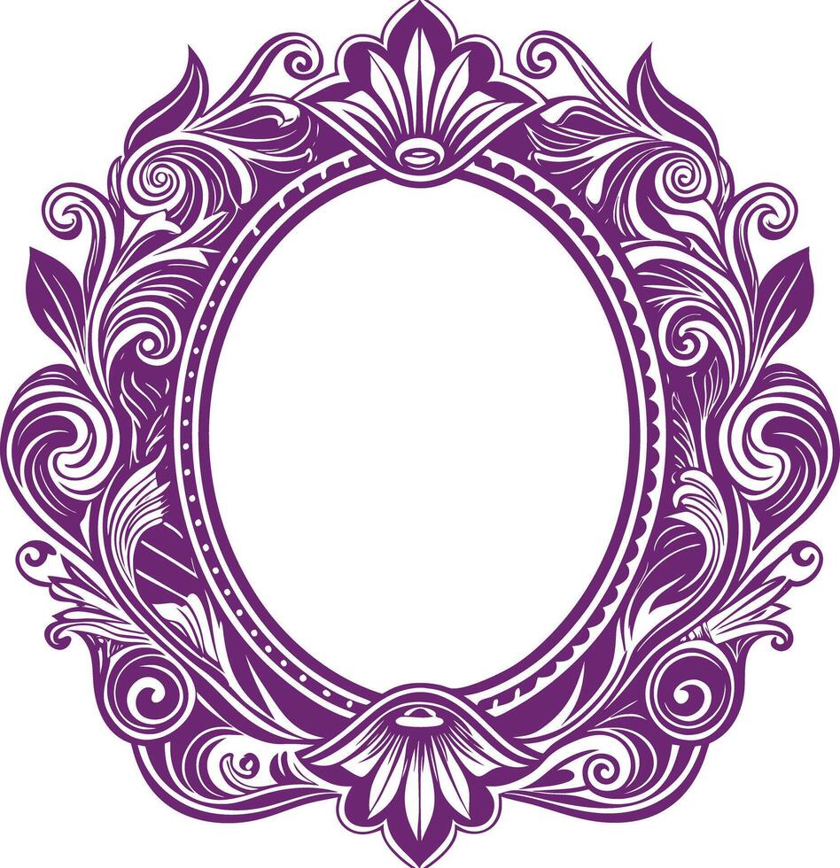 A purple oval frame with swirls and flowers vector