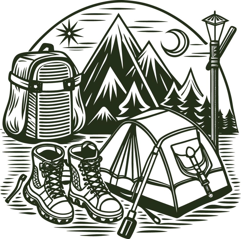Camping equipment and tent illustration vector