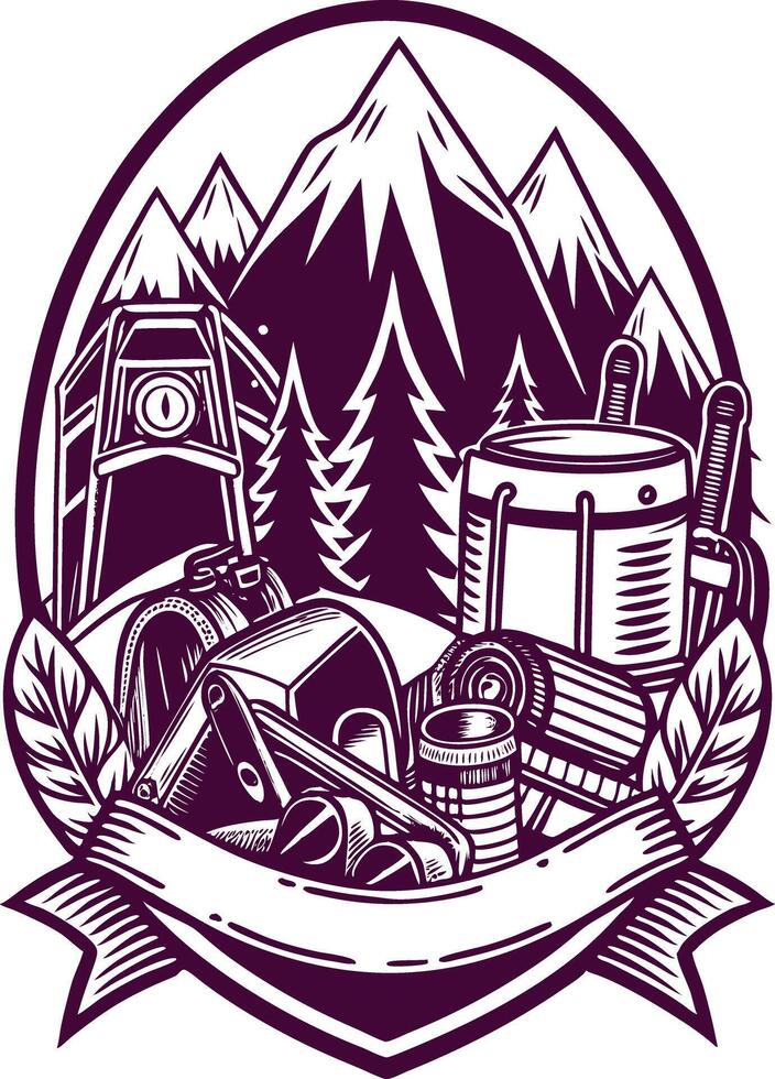 Camping and hiking emblem with mountain and trees vector