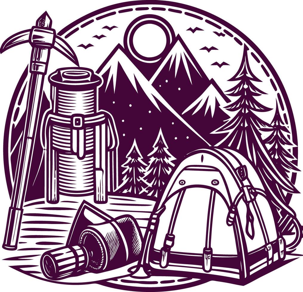 Camping equipment and tent in the woods vector
