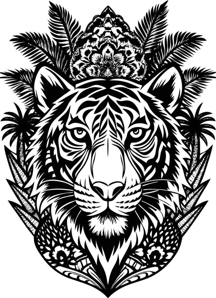 Tiger tattoo design with palm leaves vector