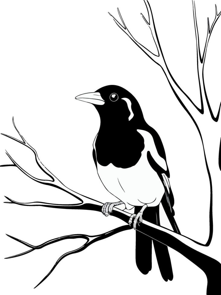 Black and white illustration of a bird sitting on a tree branch vector