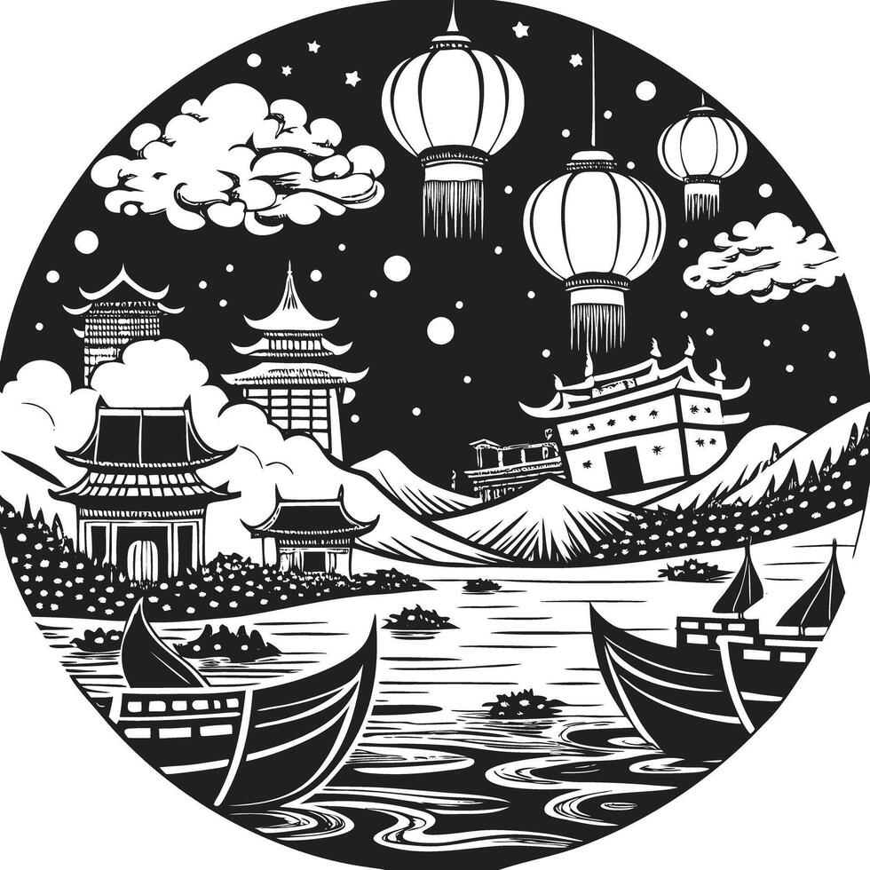 Chinese lanterns and boats in the night sky vector