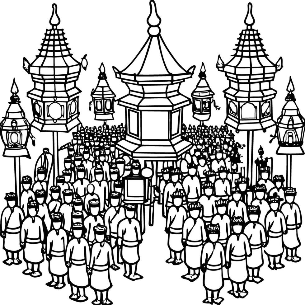 A large crowd of people in chinese dress coloring page vector