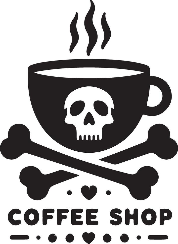 Black coffee cup with steam and skull and bone silhouette vector