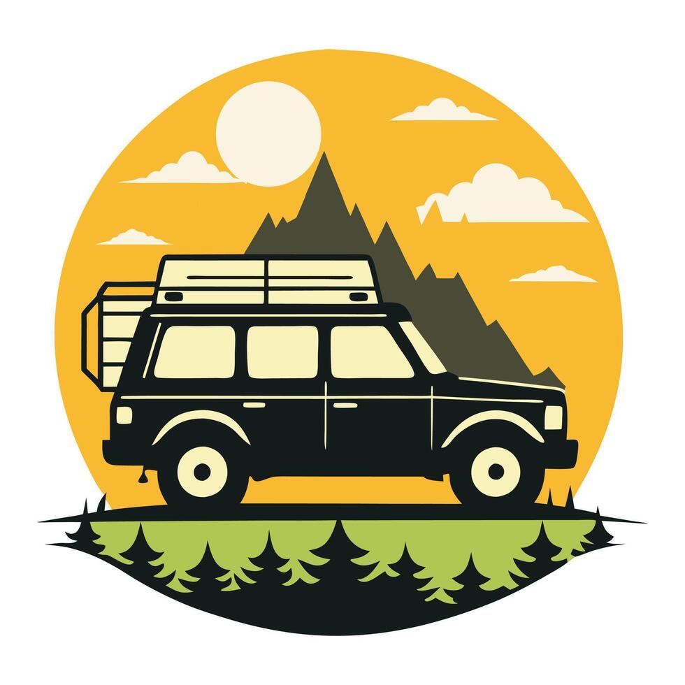 Adventure Car Exploring Untamed Mountain Heights. vector