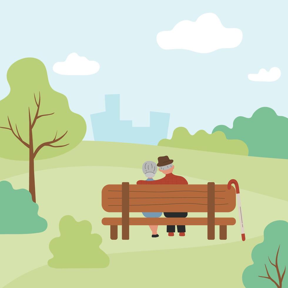 Senior couple sitting on bench in a city park vector