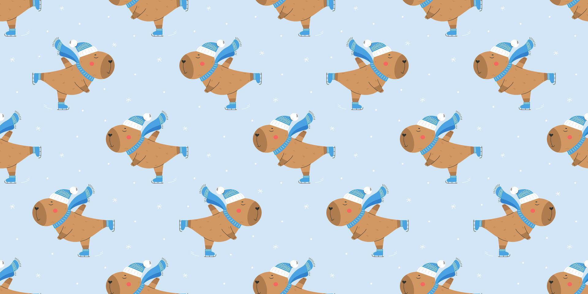 Seamless pattern with ice skating capybara vector