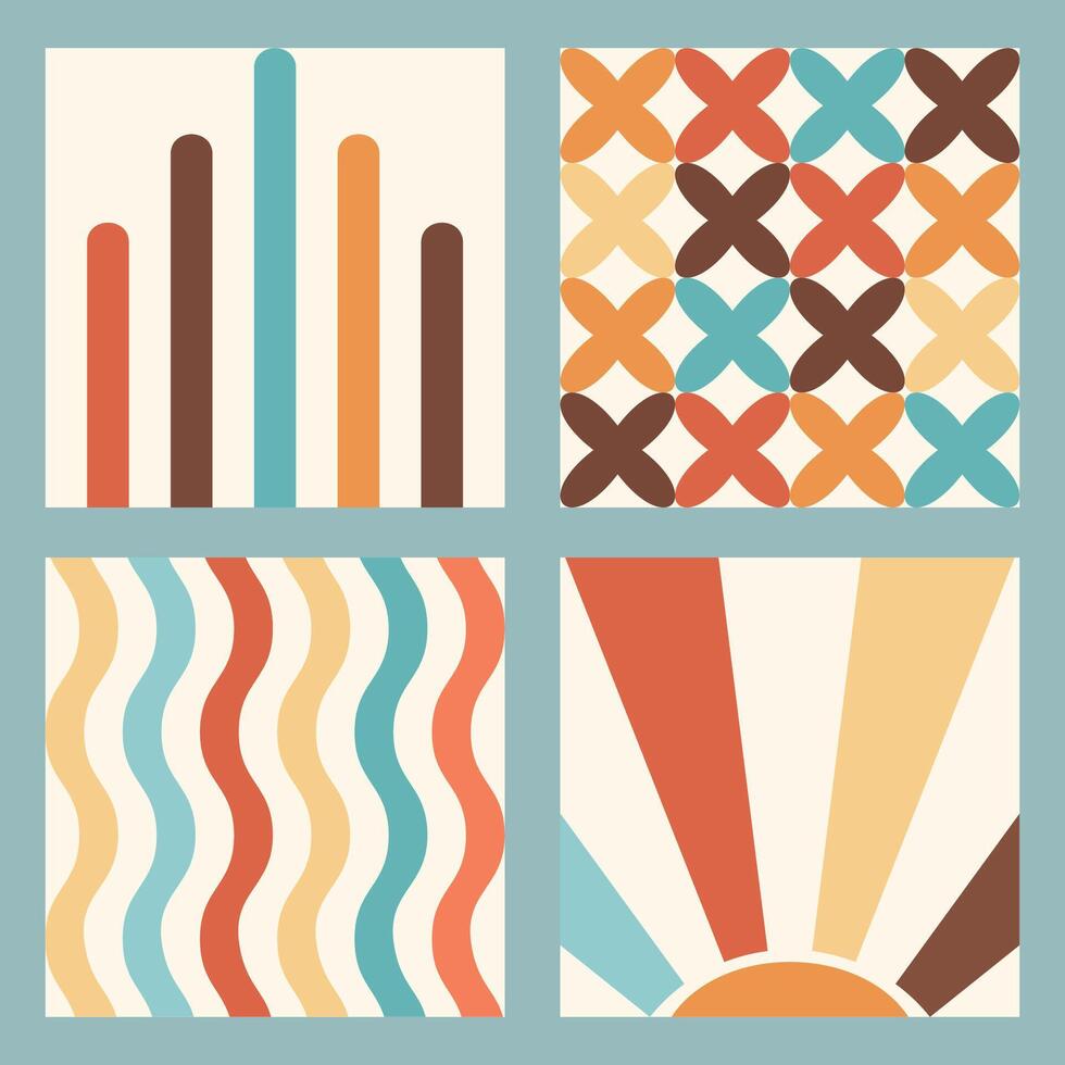 Retro groovy set waves and geometric backgrounds vector