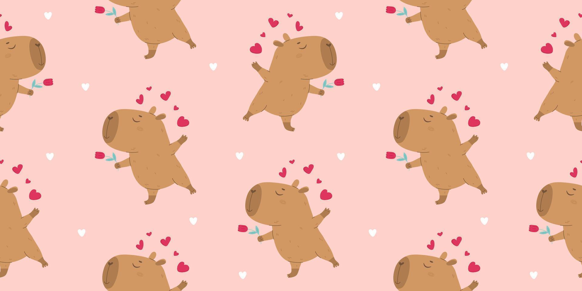 Funny lovely capybara with flower seamless pattern vector