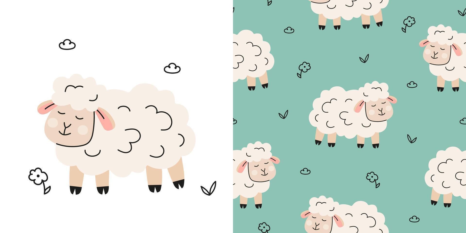 Seamless pattern with sheep and floral elements vector