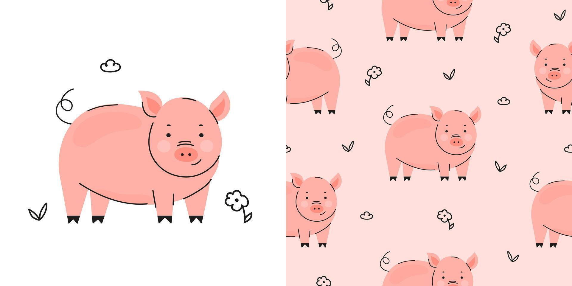 Cute pig with flower seamless pattern background vector