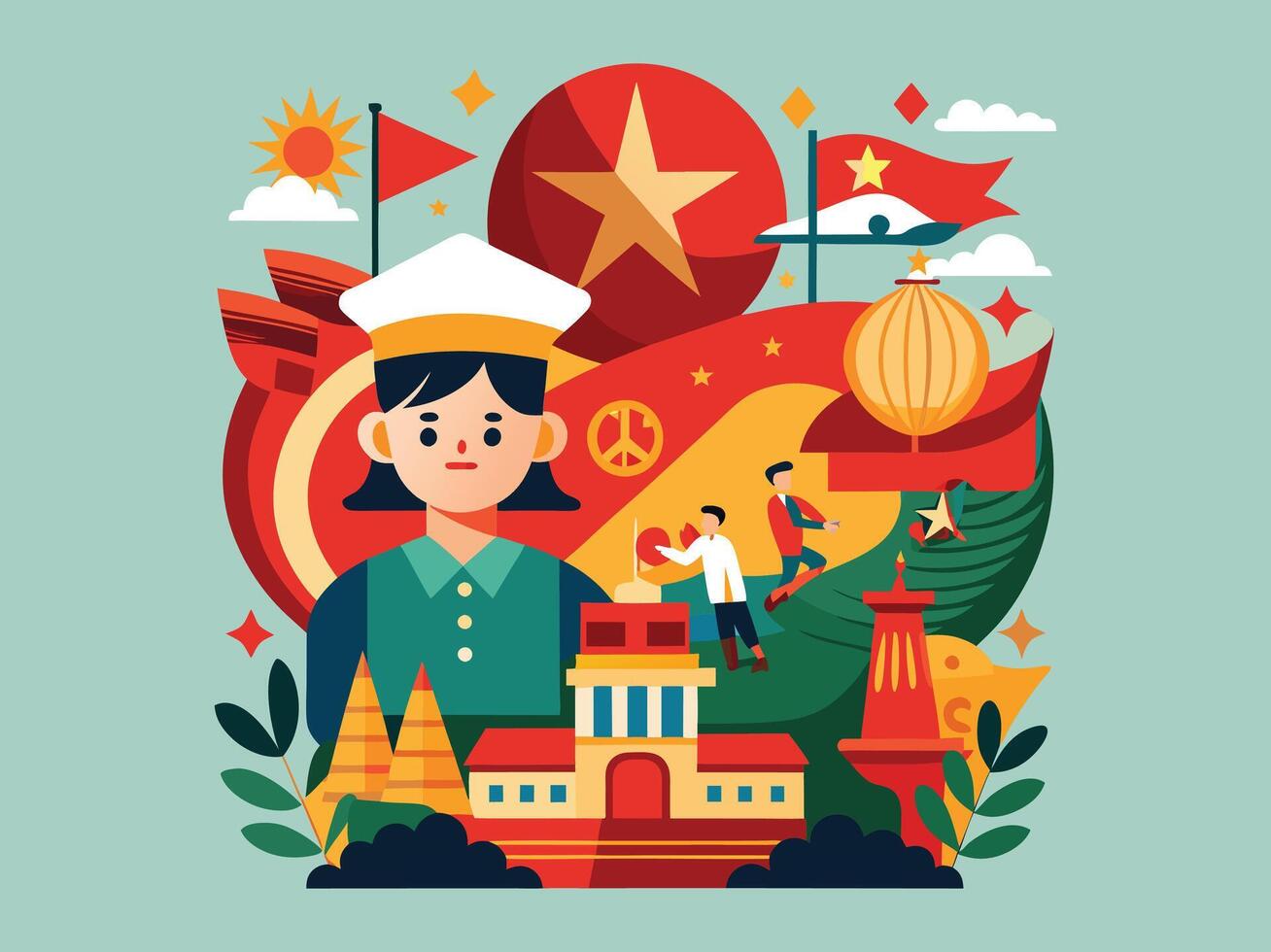 Vietnamese People Flag Cheering Vietnam National Day Holiday vector