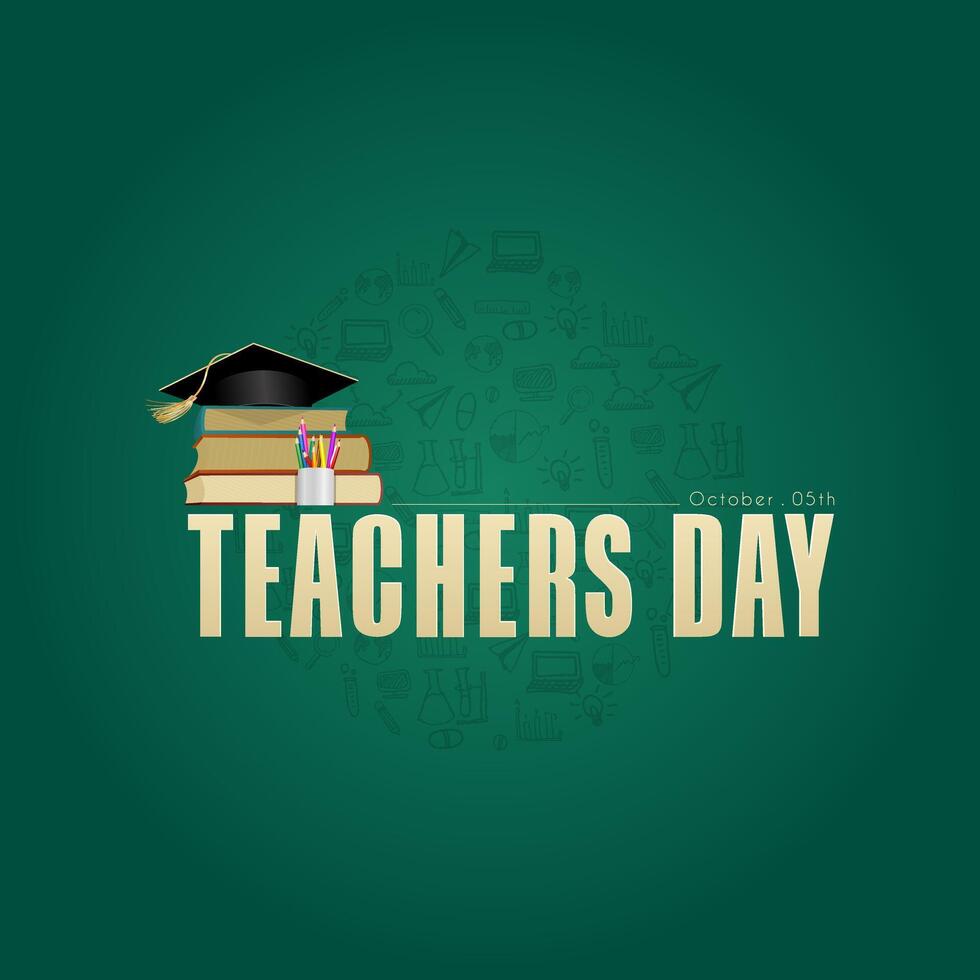 World Teachers Day Celebration. hat design on a stack of books and a pen in a glass vector