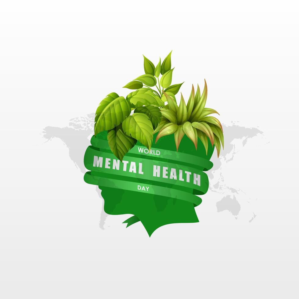 World Mental Health Day, with a human head covered in plants, and a green ribbon around it vector