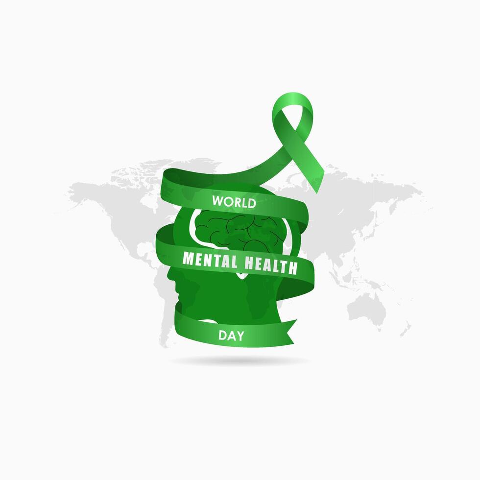 World Mental Health Day, with illustration of a human head and a green ribbon surrounding it vector