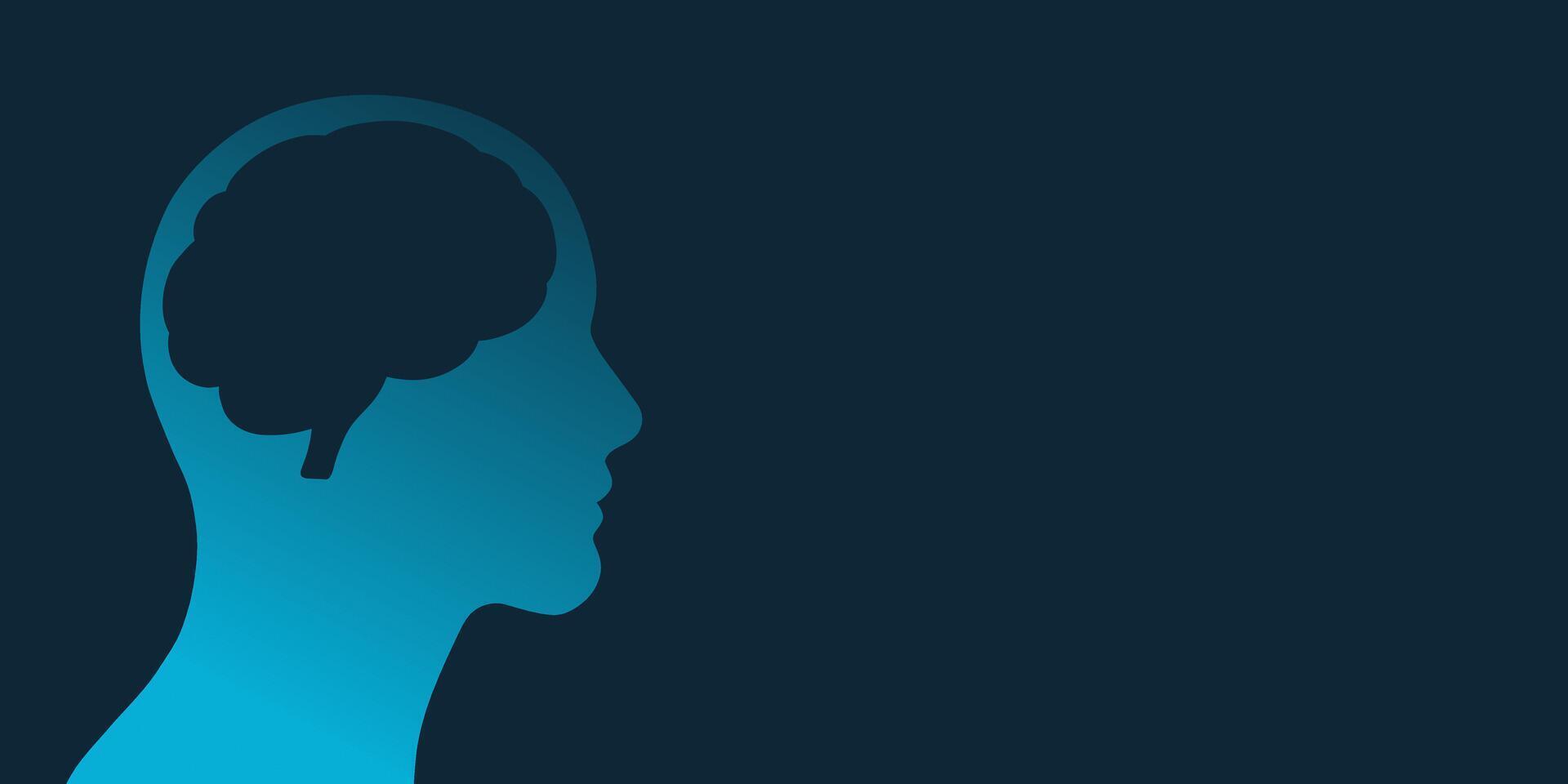 Human head silhouette with a brain, dark blue banner design vector