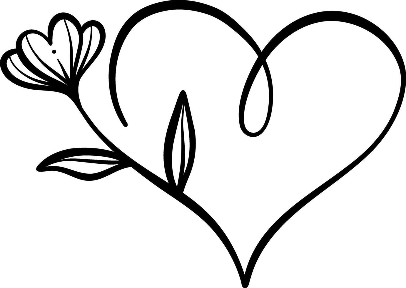 Elegant beautiful heart with a flower, hand drawn ink illustration, isolated vector