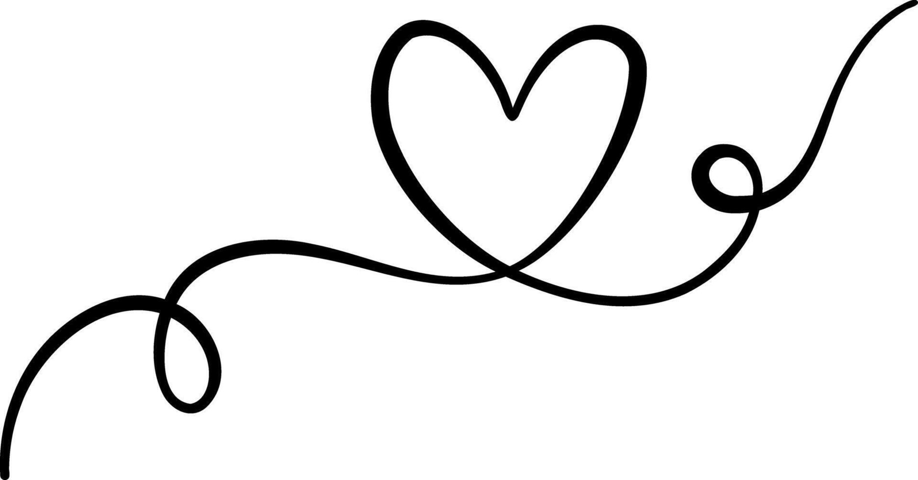 Isolated cartoon line art heart swirl ribbon decorative element, ink vector