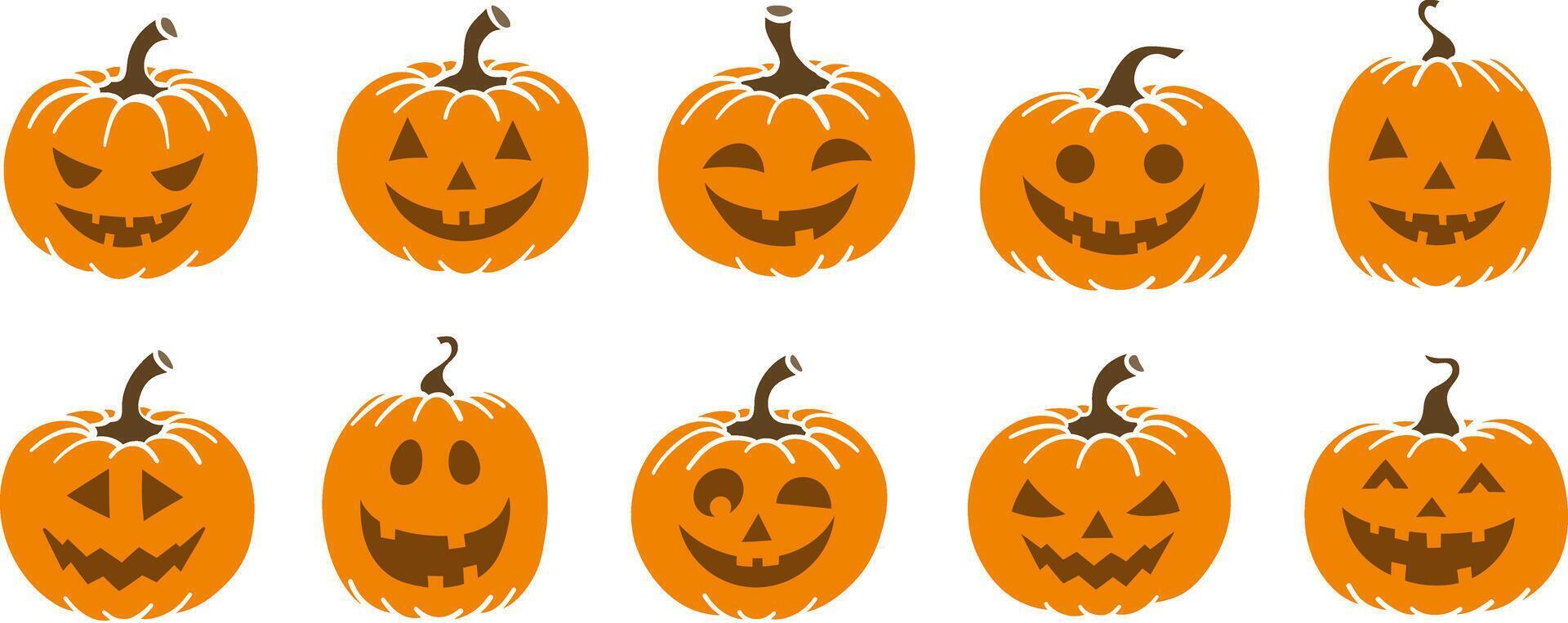 Cute Halloween pumpkin clip art set, flat illustration stickers for the holidays, isolated vector