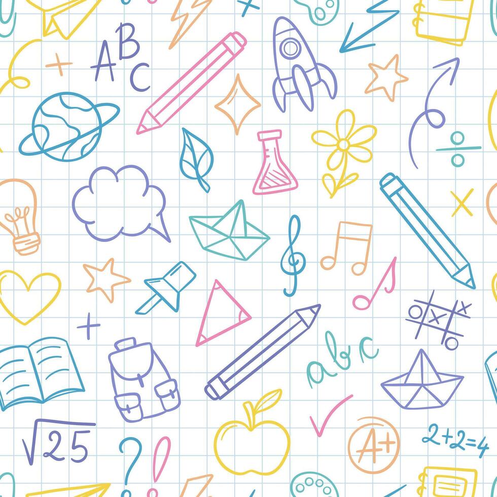 Colorful notebook back to school doodles seamless repeat pattern with scribbles vector