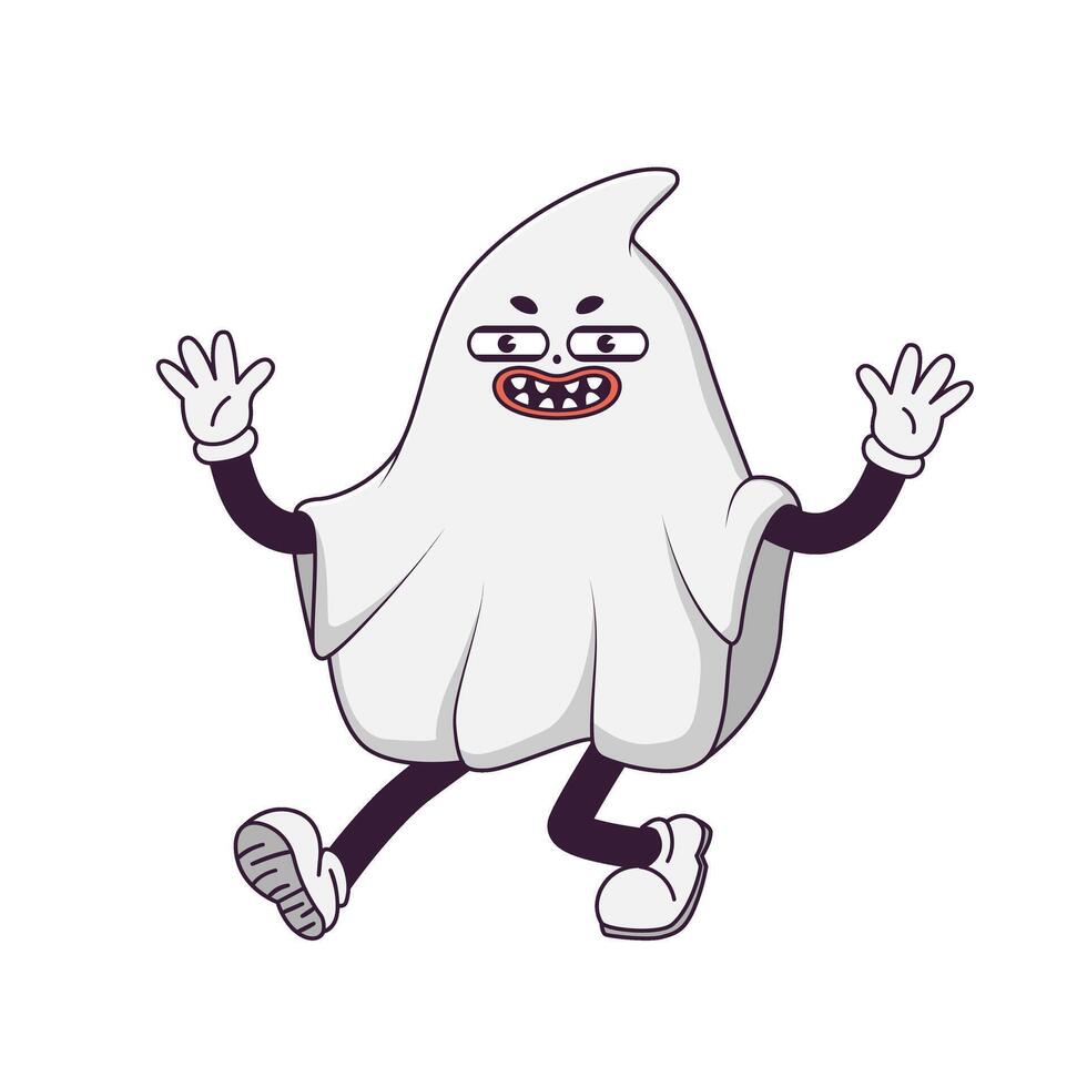 Cartoon vintage abstract halloween ghost character walks happily. Retro trendy comic mascot of running ghost with legs and hands in gloves vector