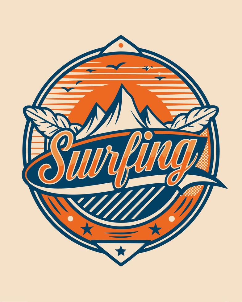 Logo mountain and leaf with sun and panorama view and surfing board vector
