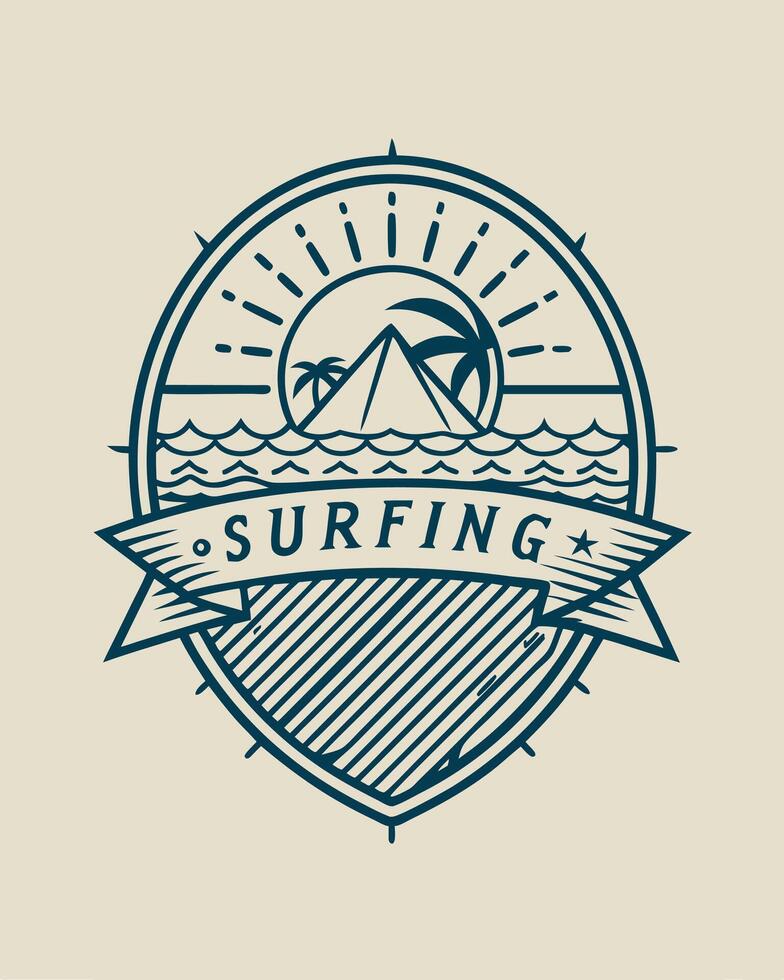 Logo mountain with coconut tree and sea for surfing logo community vector