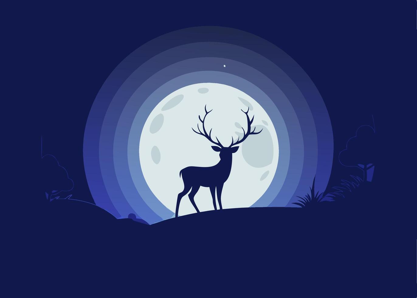 Night moon deer silhouete flat illustration, gradient moon night with silhouette flores vector