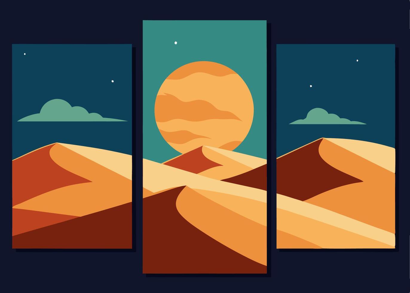 Sand brown desert, mountain and sun illustration, frame devided desert rectangular vector