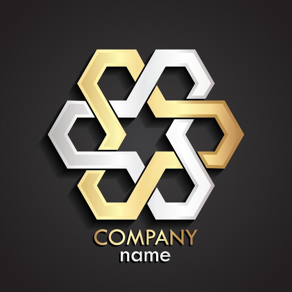 3d geometric hexagonal silver gold logo vector