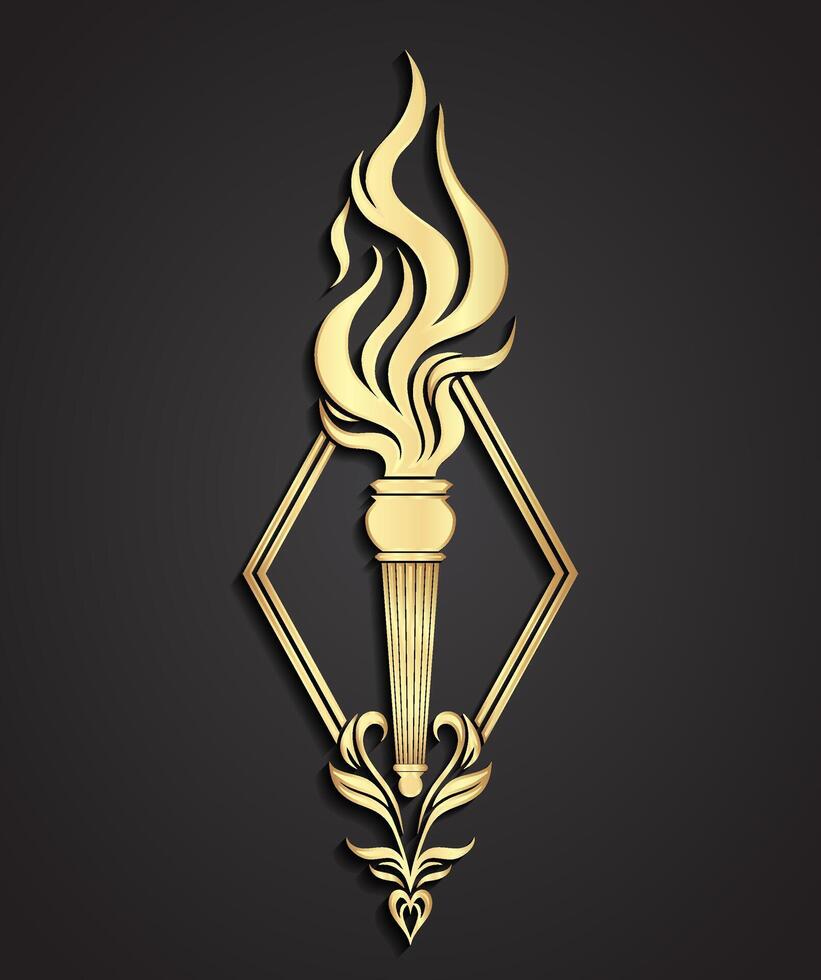 torch logo 3d gold art deco stile symbol vector