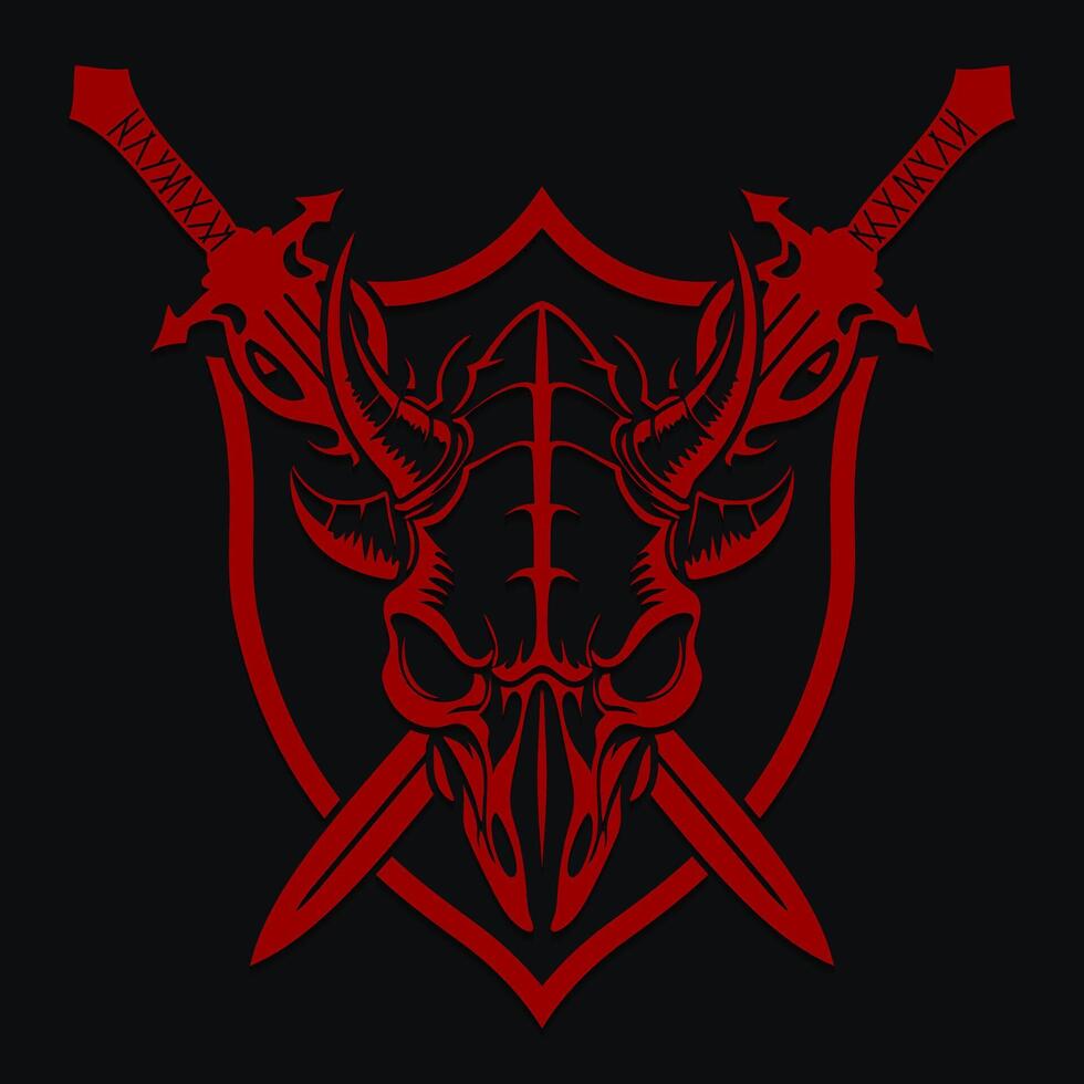 demon skull with shield and swords heraldry logo vector