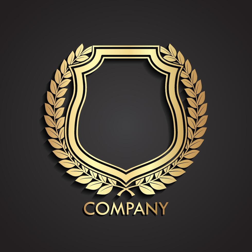 3d heraldic shield and laurel wreath logo gold emblem vector