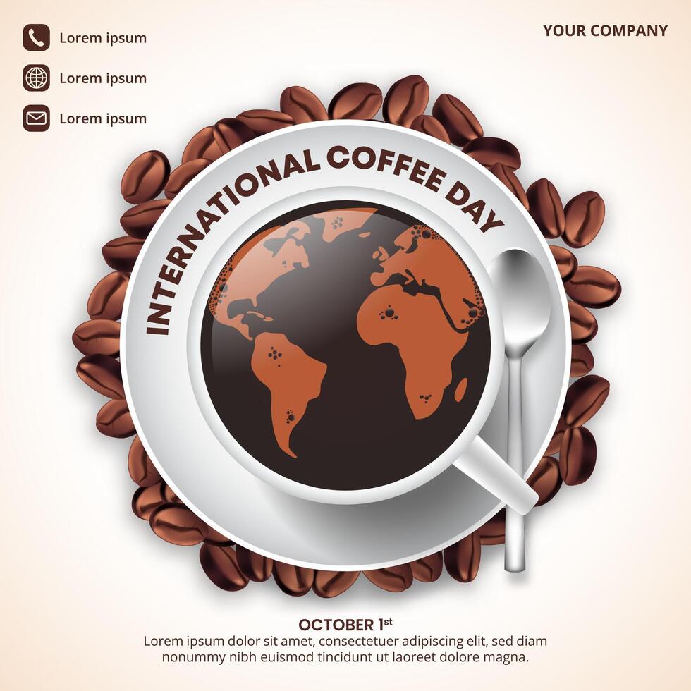 International Coffee Day background with a cup of coffee and coffee beans vector