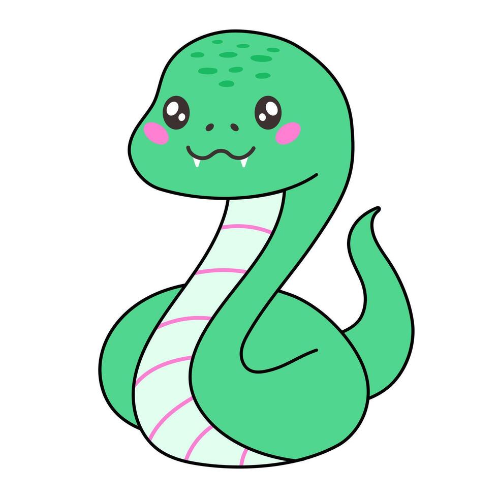 Cute cartoon green snake in doodle flat style isolated on white. Snake kawaii character. vector