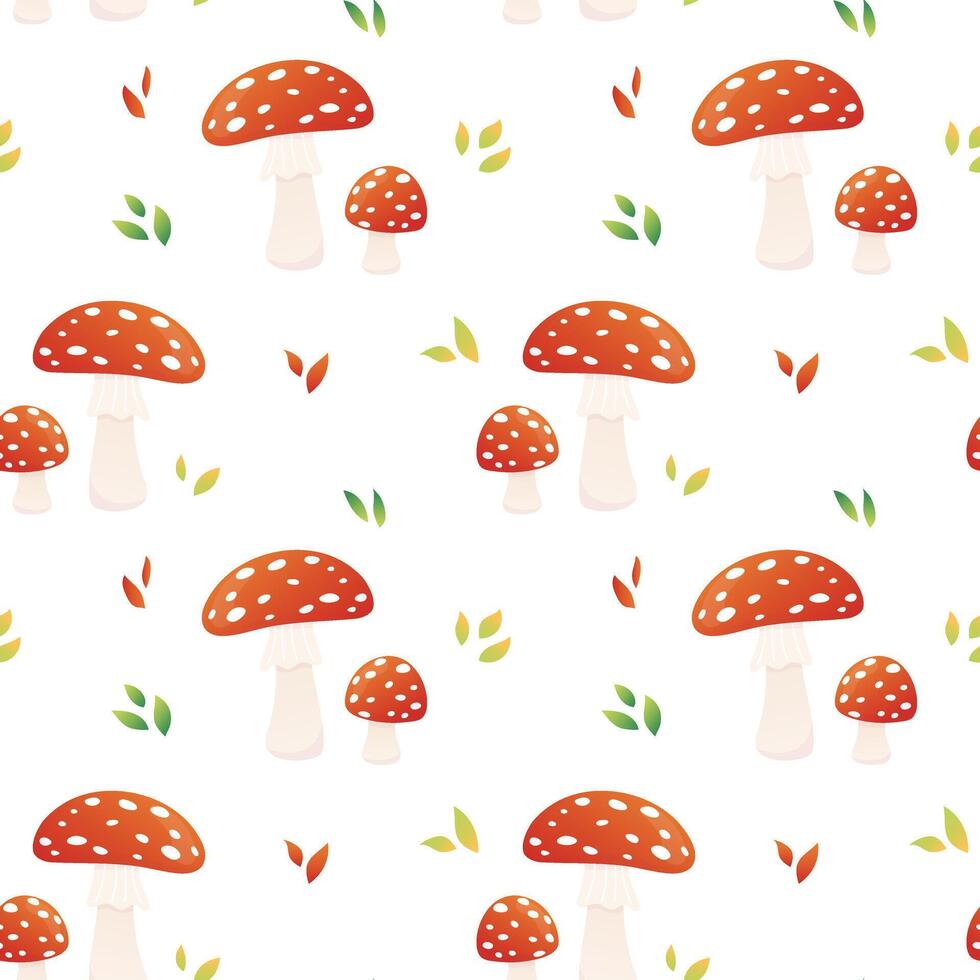 Fly agaric cartoon autumn seamless pattern. Poisonous mushrooms on white background. vector