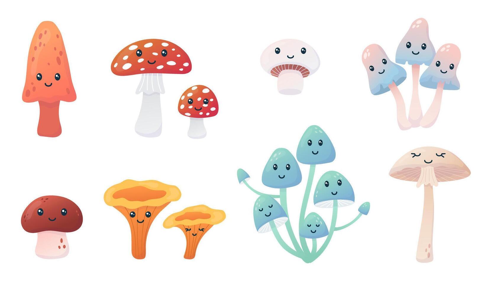 Set of cartoon kawaii mushrooms. Autumn forest mushrooms characters with cute faces. Illustration isolated on white. vector